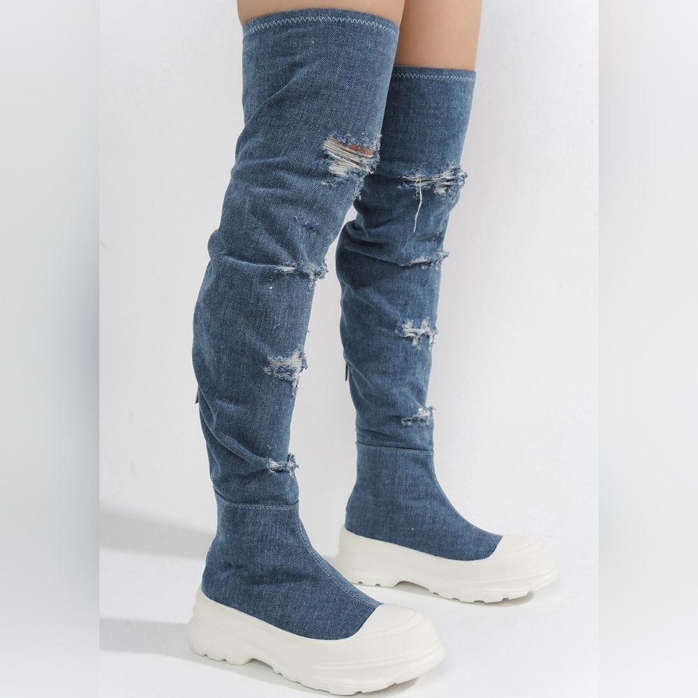 Cape Robbin Distressed Denim Blue Over-the-Knee Sock Boots with White Platform - Picture 3 of 12